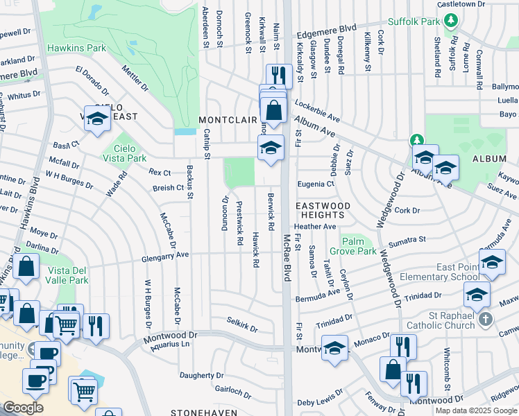 map of restaurants, bars, coffee shops, grocery stores, and more near 2800 Hawick Road in El Paso
