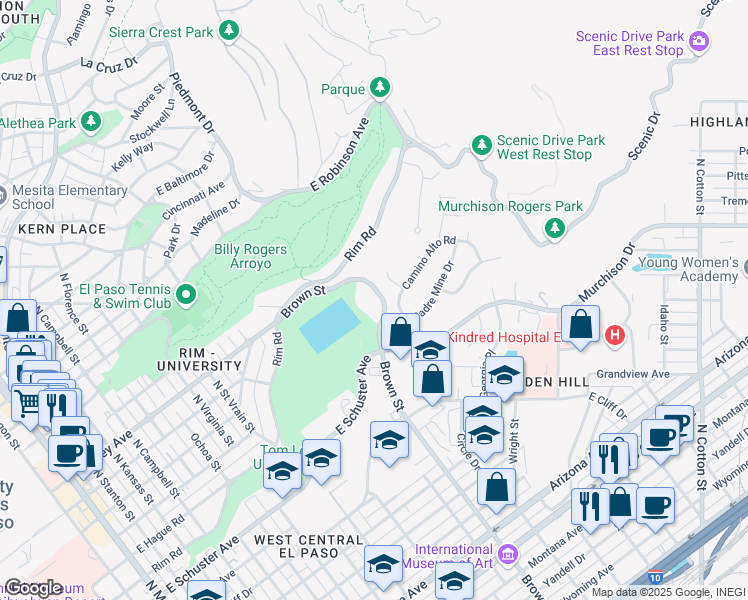 map of restaurants, bars, coffee shops, grocery stores, and more near 1901 Camino Alto Road in El Paso