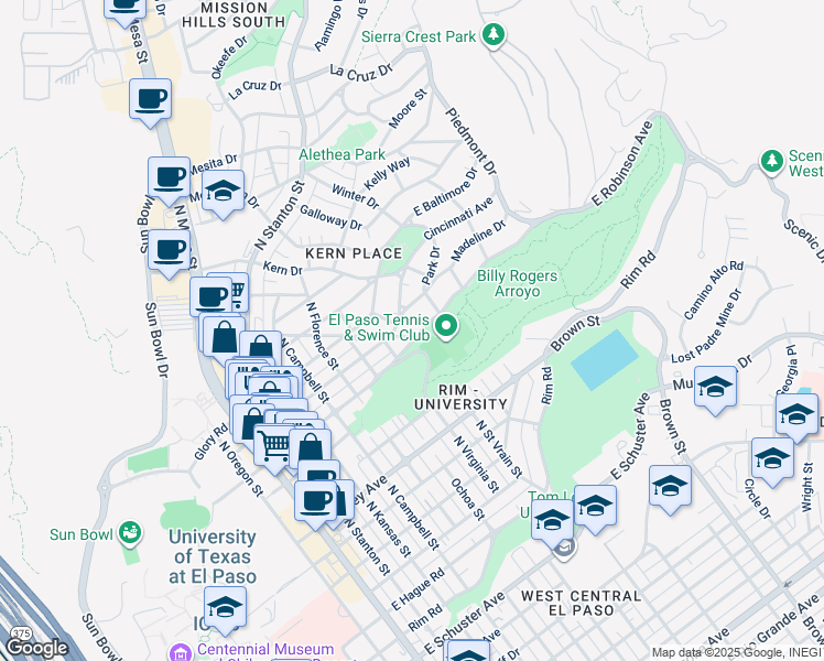 map of restaurants, bars, coffee shops, grocery stores, and more near 901 East Robinson Avenue in El Paso