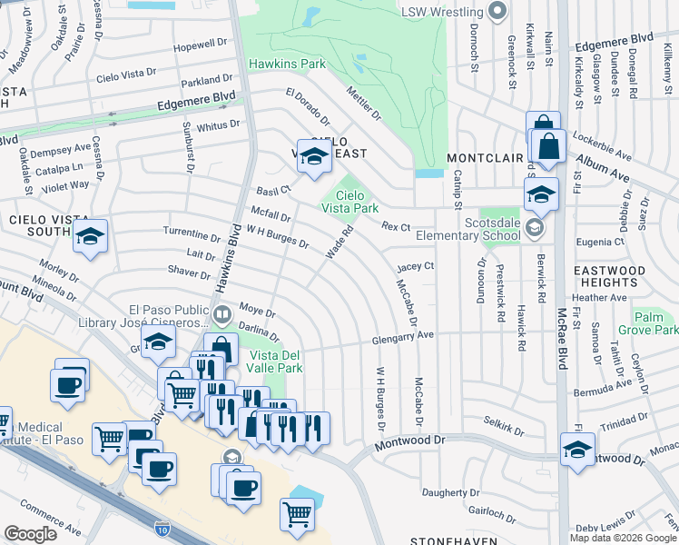 map of restaurants, bars, coffee shops, grocery stores, and more near 9124 West H Burges Drive in El Paso