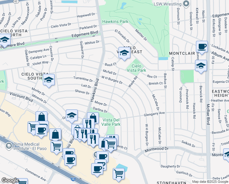 map of restaurants, bars, coffee shops, grocery stores, and more near 8913 Lait Drive in El Paso