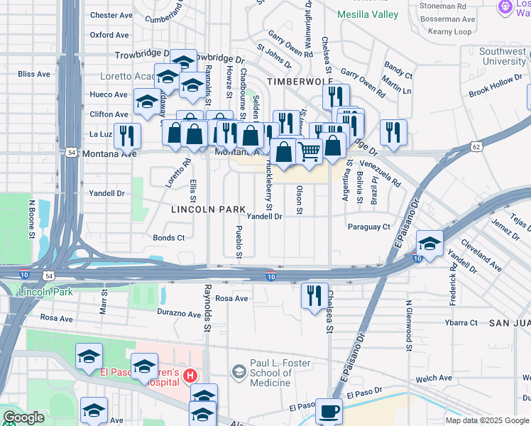 map of restaurants, bars, coffee shops, grocery stores, and more near 801 Huckleberry Street in El Paso