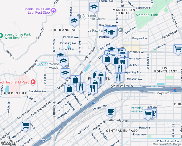 map of restaurants, bars, coffee shops, grocery stores, and more near 2500 Pershing Drive in El Paso