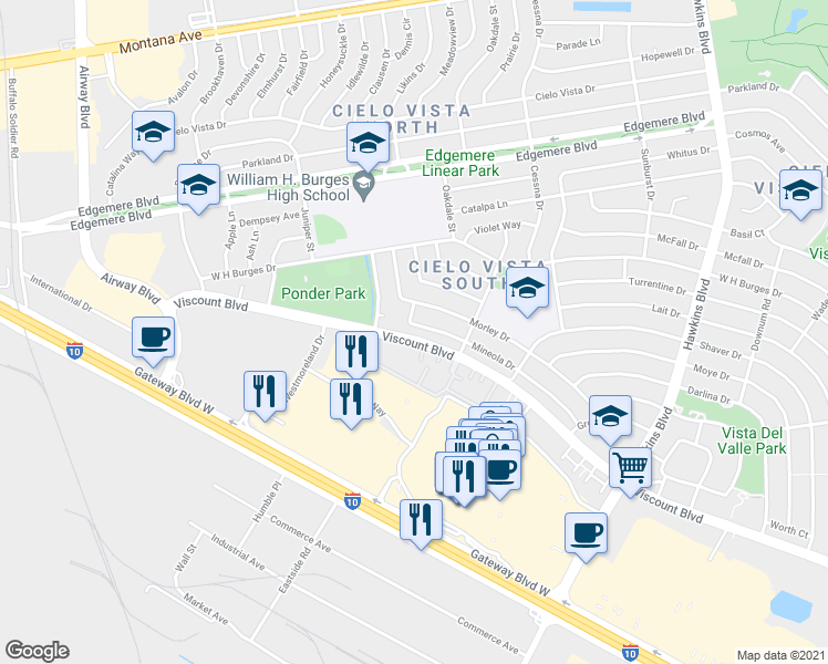 map of restaurants, bars, coffee shops, grocery stores, and more near 8008 Mineola Drive in El Paso
