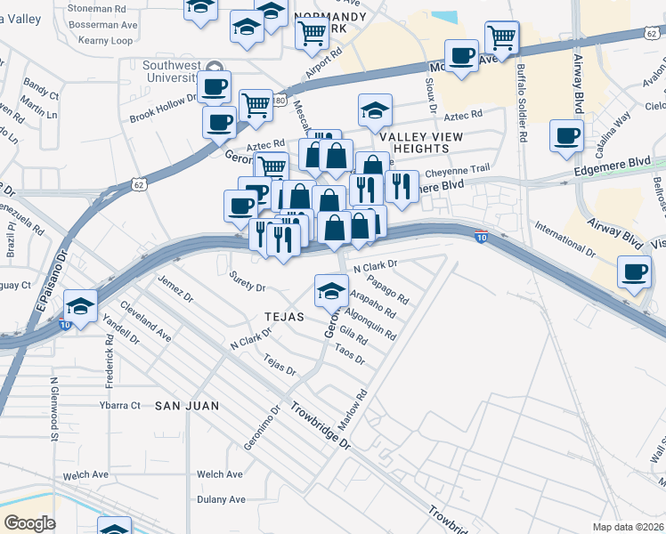 map of restaurants, bars, coffee shops, grocery stores, and more near 1063 N Clark Dr in El Paso