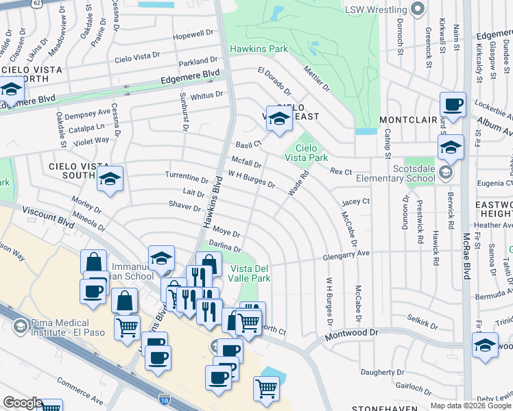 map of restaurants, bars, coffee shops, grocery stores, and more near 8913 Lait Drive in El Paso