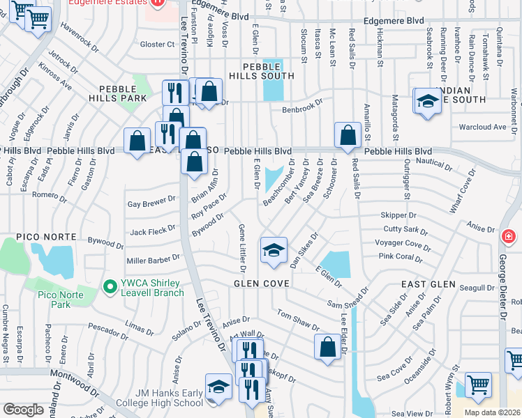 map of restaurants, bars, coffee shops, grocery stores, and more near 2800 Beachcomber Drive in El Paso