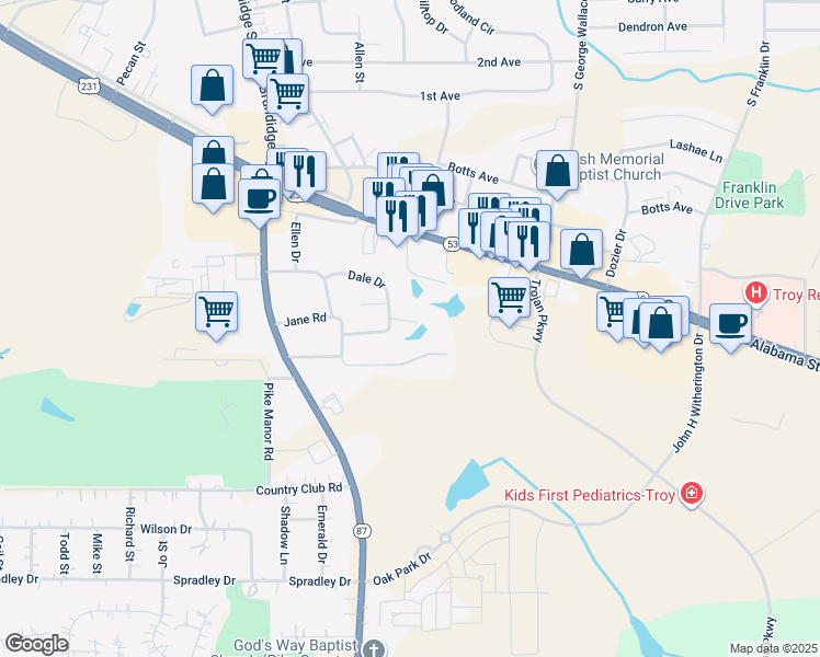 map of restaurants, bars, coffee shops, grocery stores, and more near 103 Thomas Drive in Troy