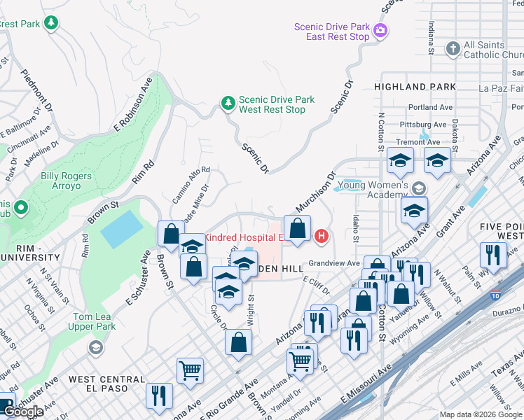 map of restaurants, bars, coffee shops, grocery stores, and more near 1601 Murchison Drive in El Paso
