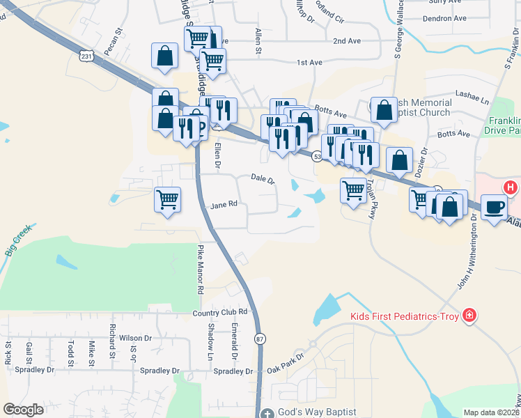 map of restaurants, bars, coffee shops, grocery stores, and more near 205 Dale Drive in Troy