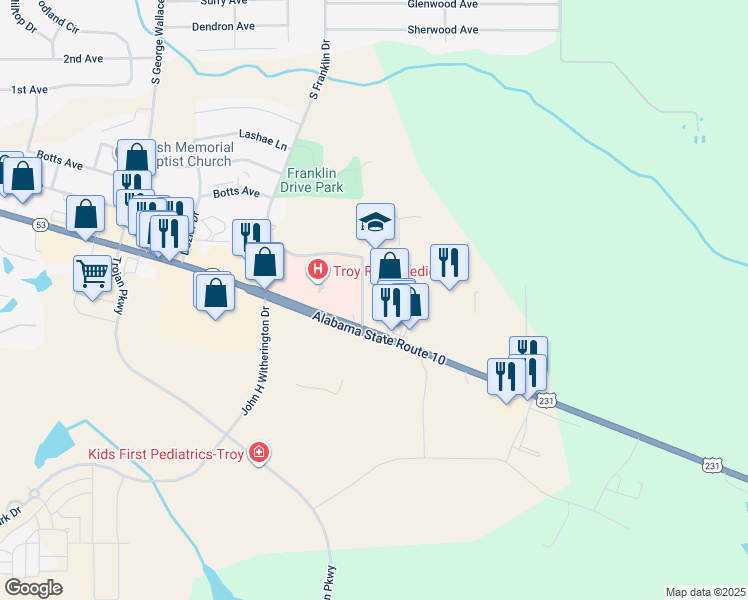 map of restaurants, bars, coffee shops, grocery stores, and more near 107 Scouting Circle in Troy