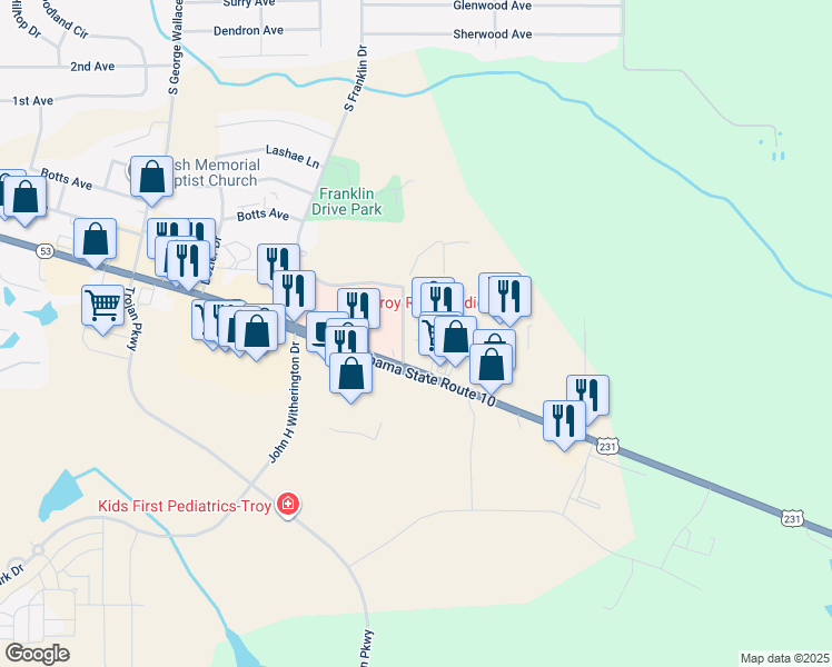 map of restaurants, bars, coffee shops, grocery stores, and more near 107 Scouting Circle in Troy