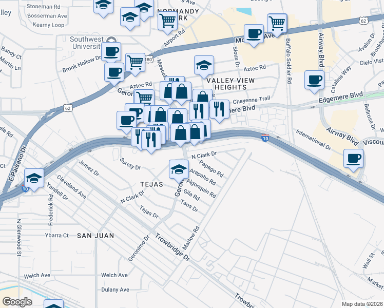 map of restaurants, bars, coffee shops, grocery stores, and more near 1063 North Clark Drive in El Paso