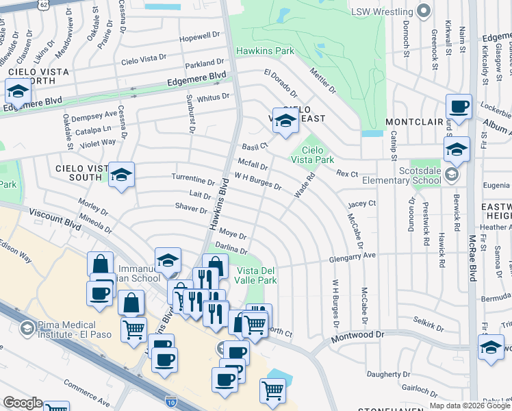 map of restaurants, bars, coffee shops, grocery stores, and more near 8913 Lait Drive in El Paso