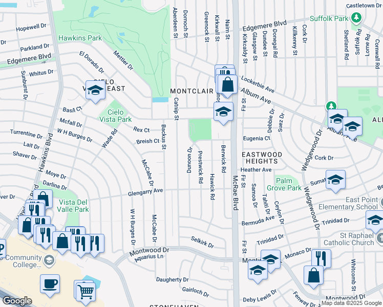 map of restaurants, bars, coffee shops, grocery stores, and more near 2804 Dunoon Drive in El Paso