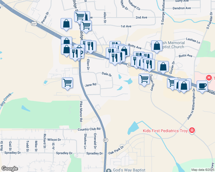 map of restaurants, bars, coffee shops, grocery stores, and more near 205 Dale Drive in Troy