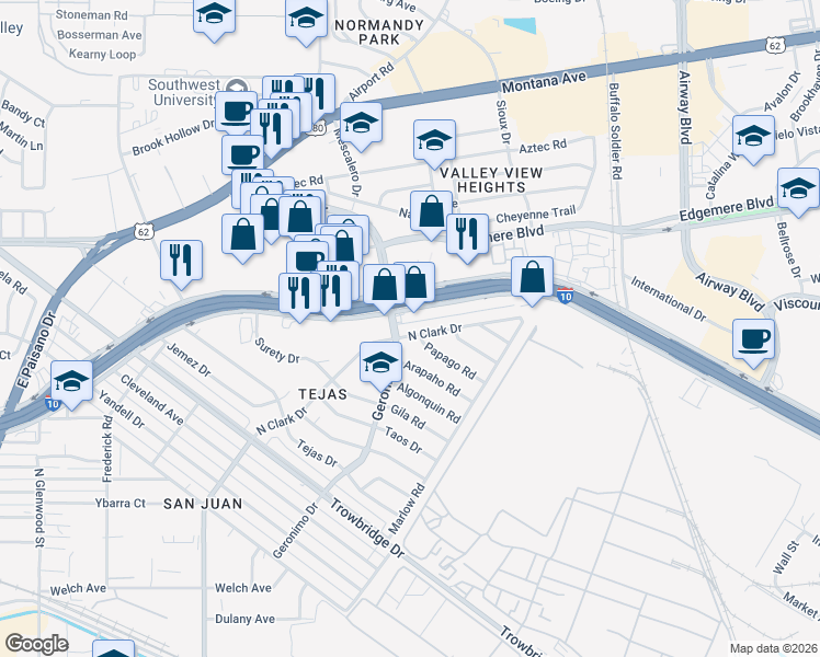 map of restaurants, bars, coffee shops, grocery stores, and more near 1063 North Clark Drive in El Paso