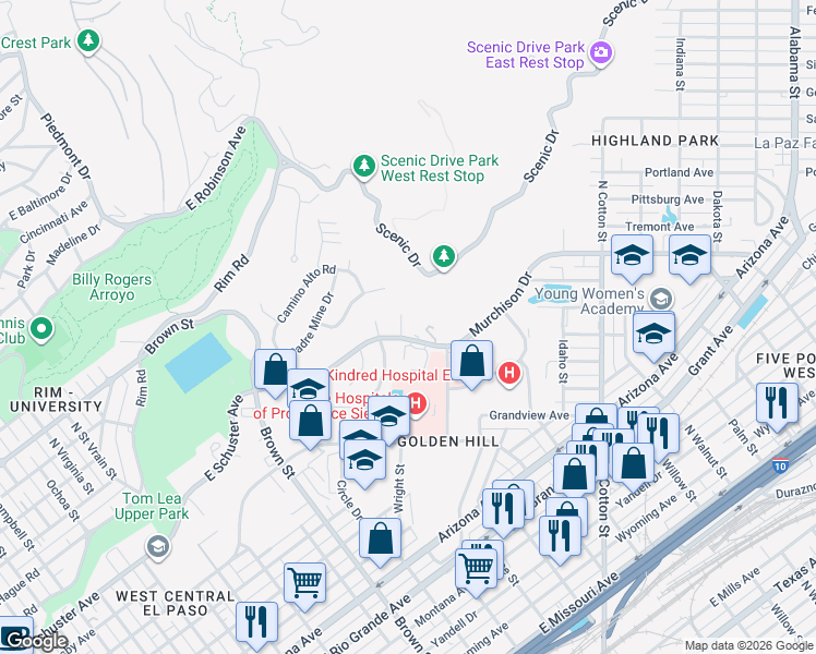map of restaurants, bars, coffee shops, grocery stores, and more near 1601 Murchison Drive in El Paso
