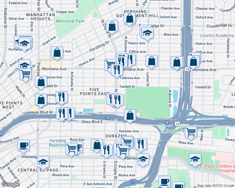 map of restaurants, bars, coffee shops, grocery stores, and more near 3606 Wyoming Avenue in El Paso