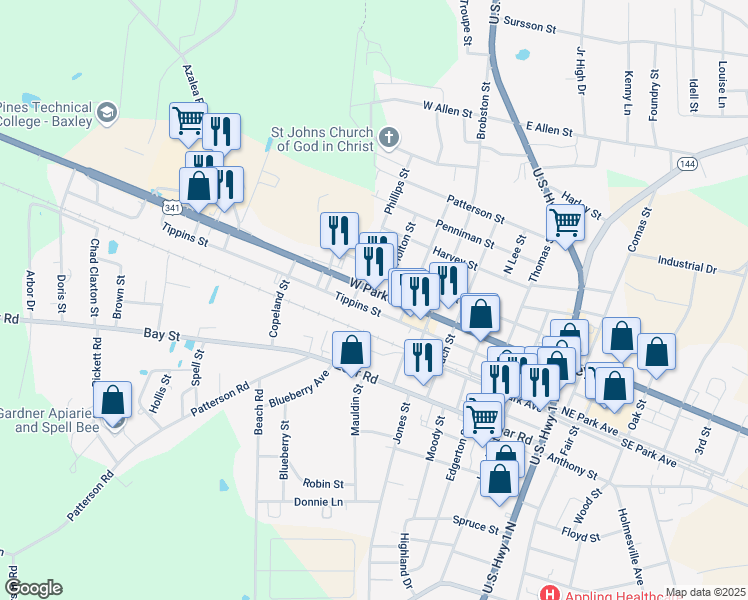 map of restaurants, bars, coffee shops, grocery stores, and more near 799 Tippins Street in Baxley