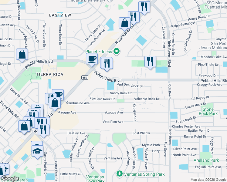 map of restaurants, bars, coffee shops, grocery stores, and more near 13980 Sandy Rock Drive in El Paso