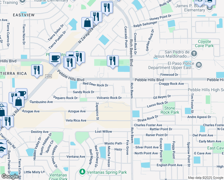 map of restaurants, bars, coffee shops, grocery stores, and more near 2816 Talking Rock Place in El Paso