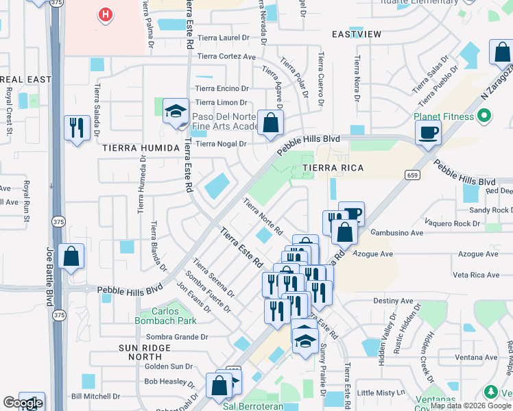 map of restaurants, bars, coffee shops, grocery stores, and more near 12526 Tierra Norte Road in El Paso