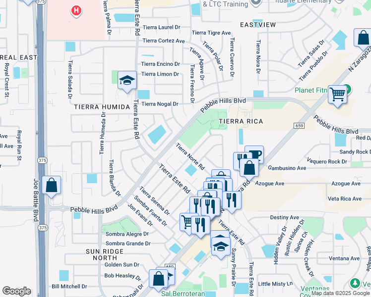 map of restaurants, bars, coffee shops, grocery stores, and more near 12526 Tierra Norte Road in El Paso