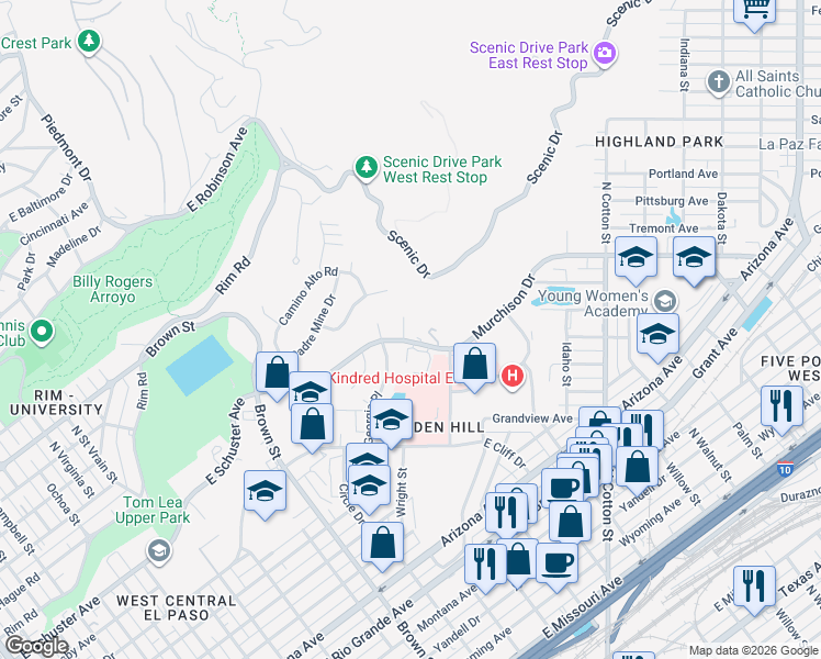 map of restaurants, bars, coffee shops, grocery stores, and more near 1601 Murchison Drive in El Paso