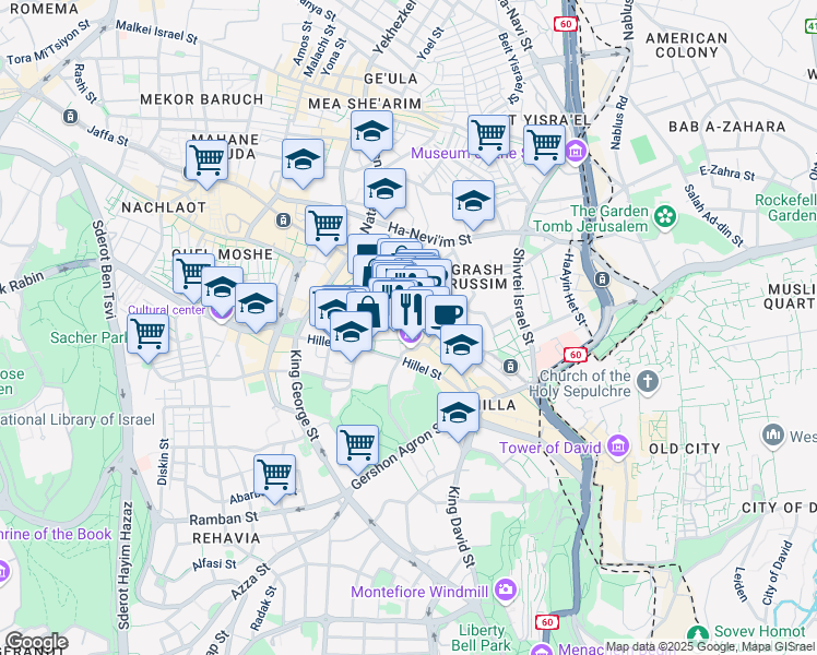 map of restaurants, bars, coffee shops, grocery stores, and more near 5 Ma'alot Nakhalat Shiv'a Street in Jerusalem