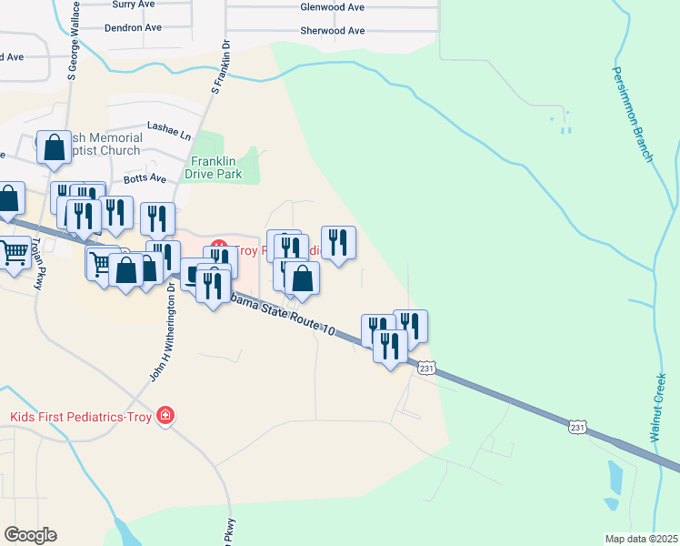 map of restaurants, bars, coffee shops, grocery stores, and more near U.S. 231 in Troy