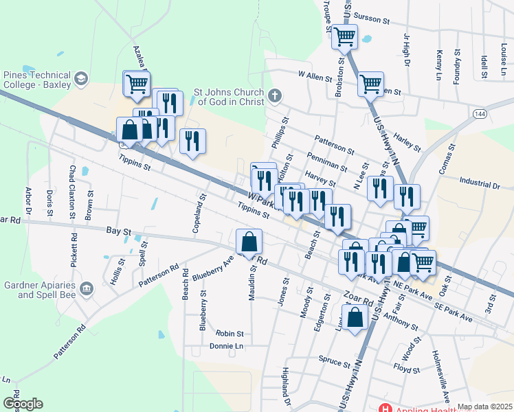 map of restaurants, bars, coffee shops, grocery stores, and more near 707-799 Tippins Street in Baxley