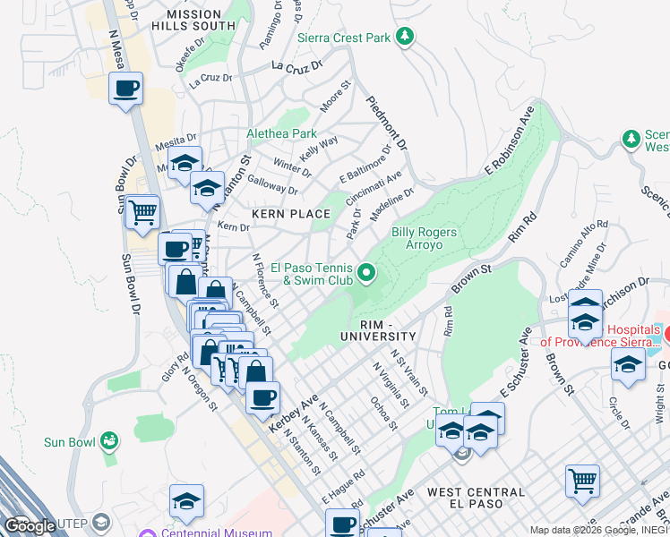 map of restaurants, bars, coffee shops, grocery stores, and more near 901 East Robinson Avenue in El Paso