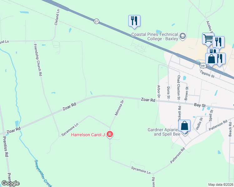 map of restaurants, bars, coffee shops, grocery stores, and more near 1672 Zoar Road in Baxley