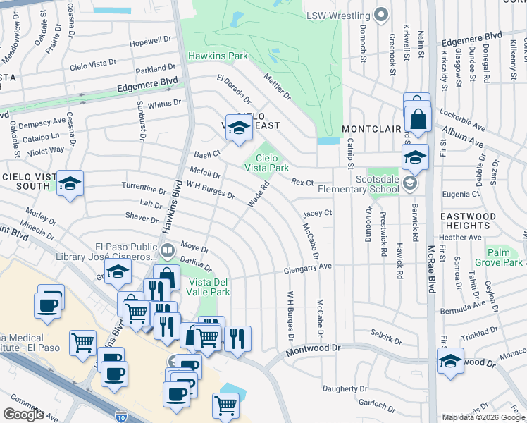 map of restaurants, bars, coffee shops, grocery stores, and more near 9124 West H Burges Drive in El Paso