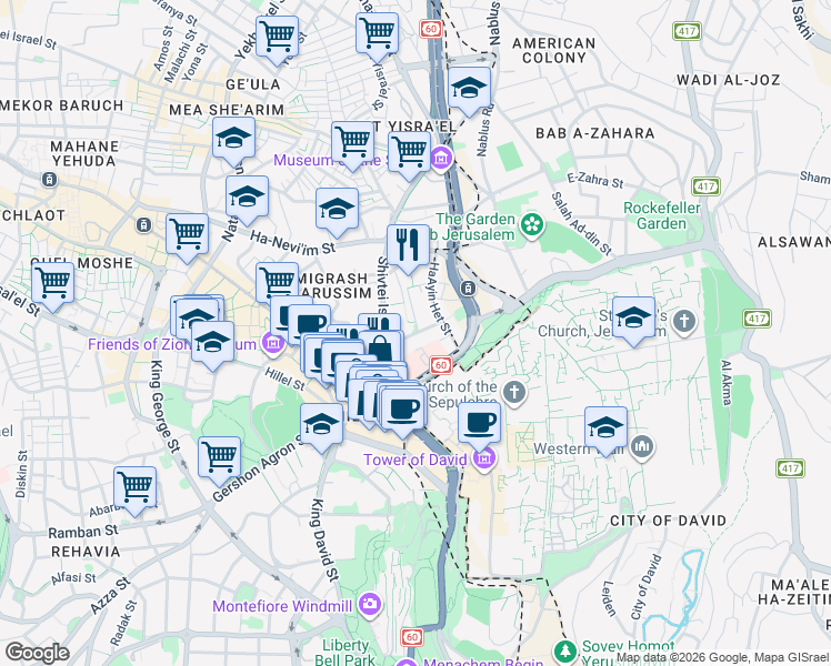 map of restaurants, bars, coffee shops, grocery stores, and more near 10 Elisha Street in Jerusalem