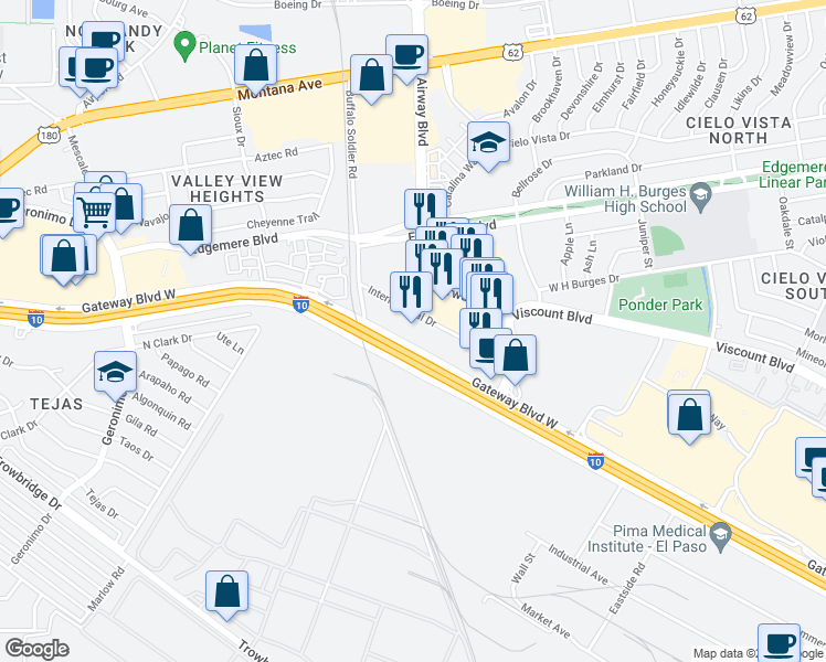 map of restaurants, bars, coffee shops, grocery stores, and more near 6610 International Drive in El Paso
