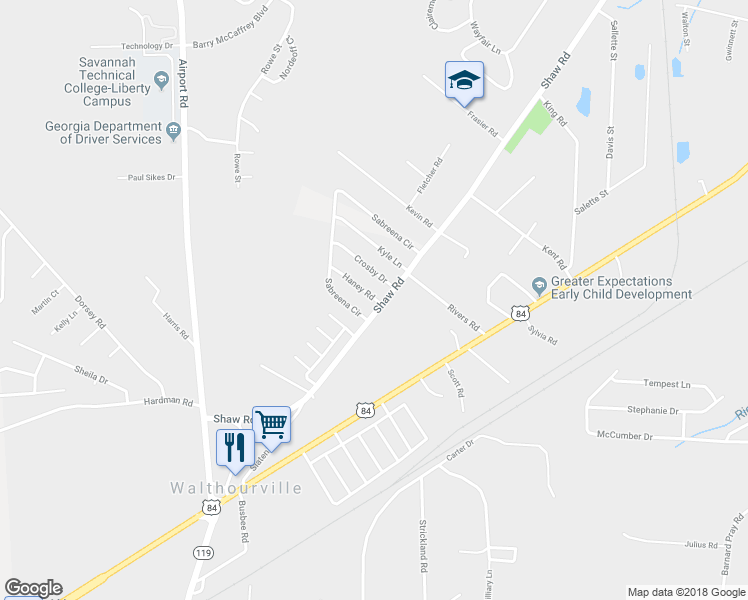 map of restaurants, bars, coffee shops, grocery stores, and more near 22 Haney Road in Hinesville