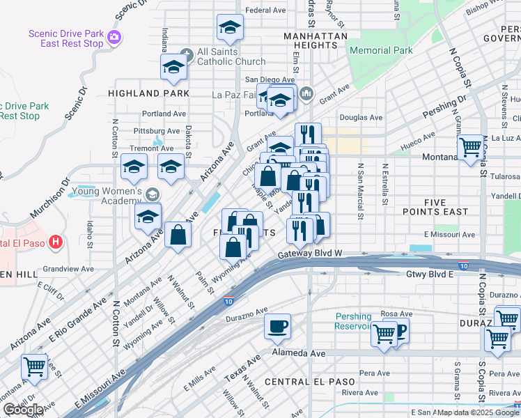 map of restaurants, bars, coffee shops, grocery stores, and more near in El Paso
