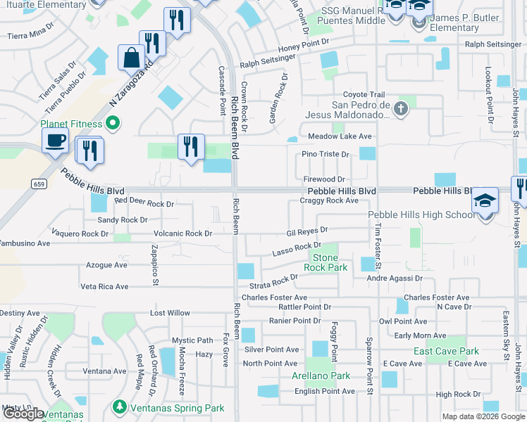 map of restaurants, bars, coffee shops, grocery stores, and more near 14211 Gil Reyes Drive in El Paso