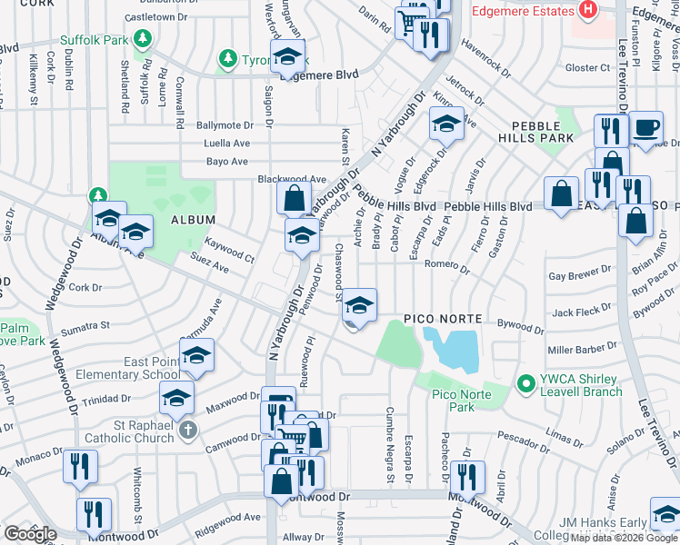 map of restaurants, bars, coffee shops, grocery stores, and more near 2804 Chaswood Street in El Paso