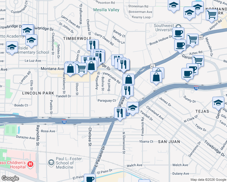 map of restaurants, bars, coffee shops, grocery stores, and more near 5600 Yandell Drive in El Paso