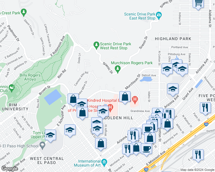 map of restaurants, bars, coffee shops, grocery stores, and more near 1521 Murchison Drive in El Paso