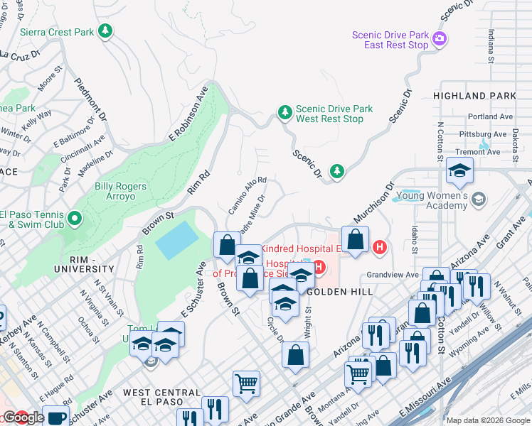 map of restaurants, bars, coffee shops, grocery stores, and more near 1425 Murchison Drive in El Paso