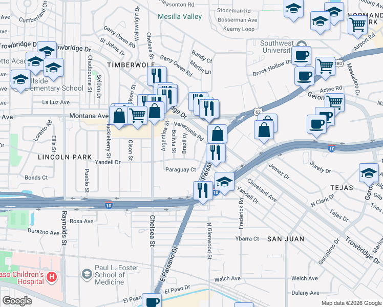 map of restaurants, bars, coffee shops, grocery stores, and more near 5600 Yandell Drive in El Paso
