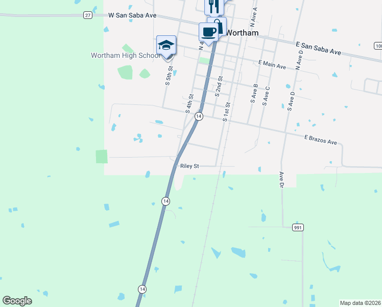 map of restaurants, bars, coffee shops, grocery stores, and more near 722 South 3rd Street in Wortham
