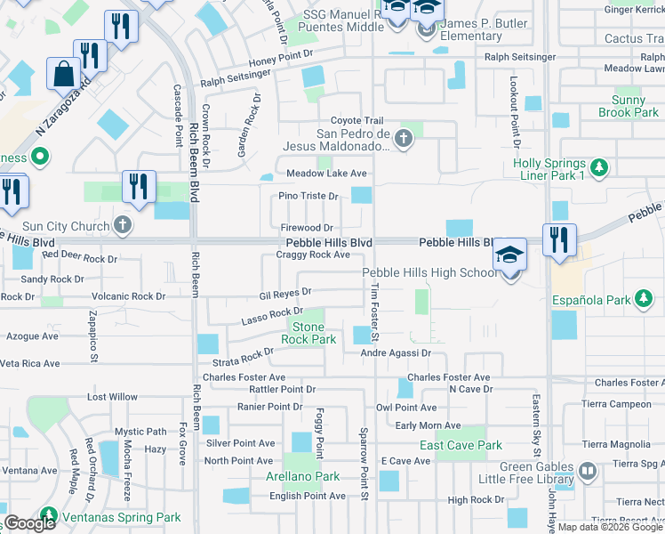 map of restaurants, bars, coffee shops, grocery stores, and more near 14280 Hacienda Rock Drive in El Paso