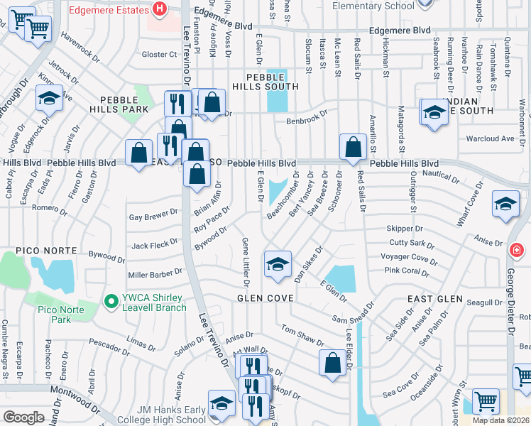 map of restaurants, bars, coffee shops, grocery stores, and more near 2800 Beachcomber Drive in El Paso