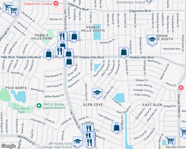 map of restaurants, bars, coffee shops, grocery stores, and more near 2800 Beachcomber Drive in El Paso