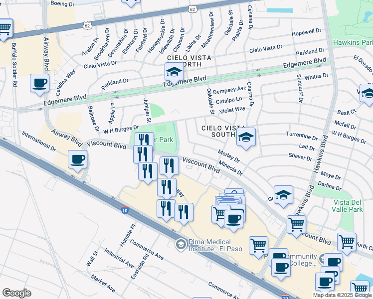 map of restaurants, bars, coffee shops, grocery stores, and more near 8008 Mineola Drive in El Paso